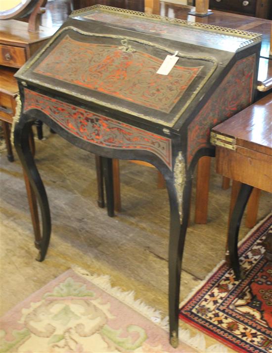 19C ebonised and boulle work bureau de dame, three-quarter gilt metal gallery and mounts, on cabriole legs